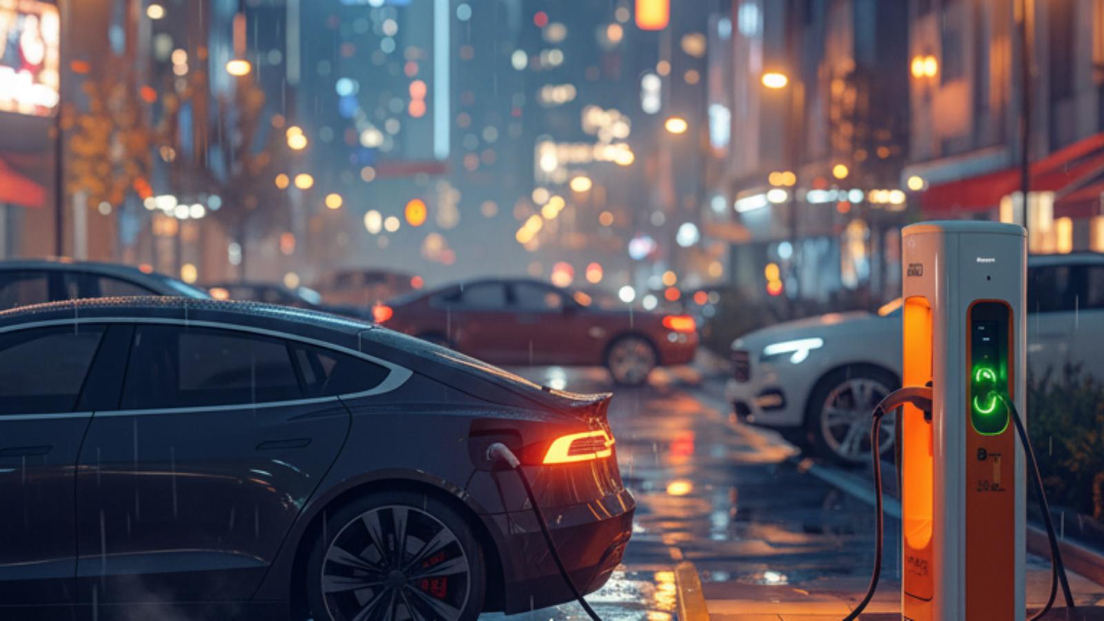 EV charging in front of a glass building at sunset