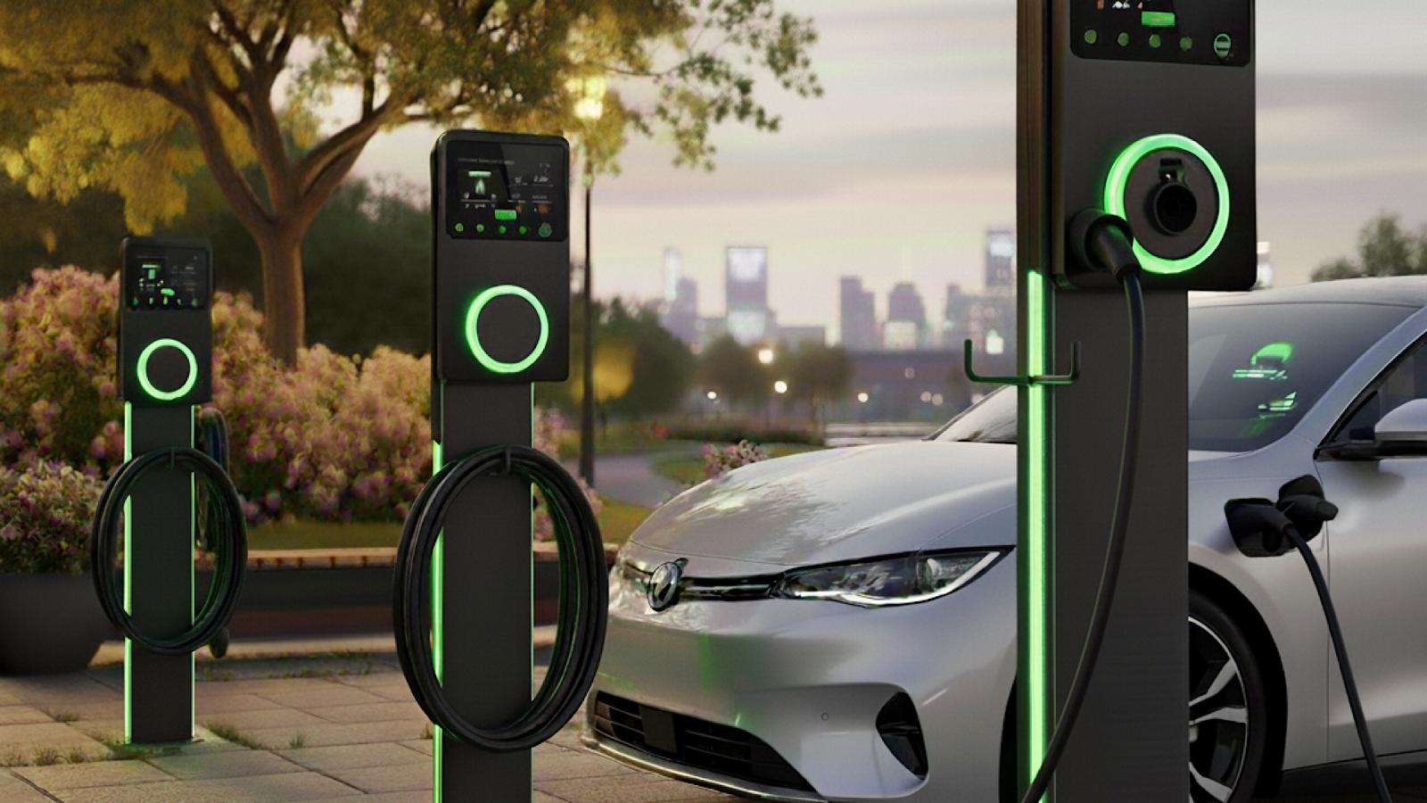 EV charging in front of a glass building at sunset