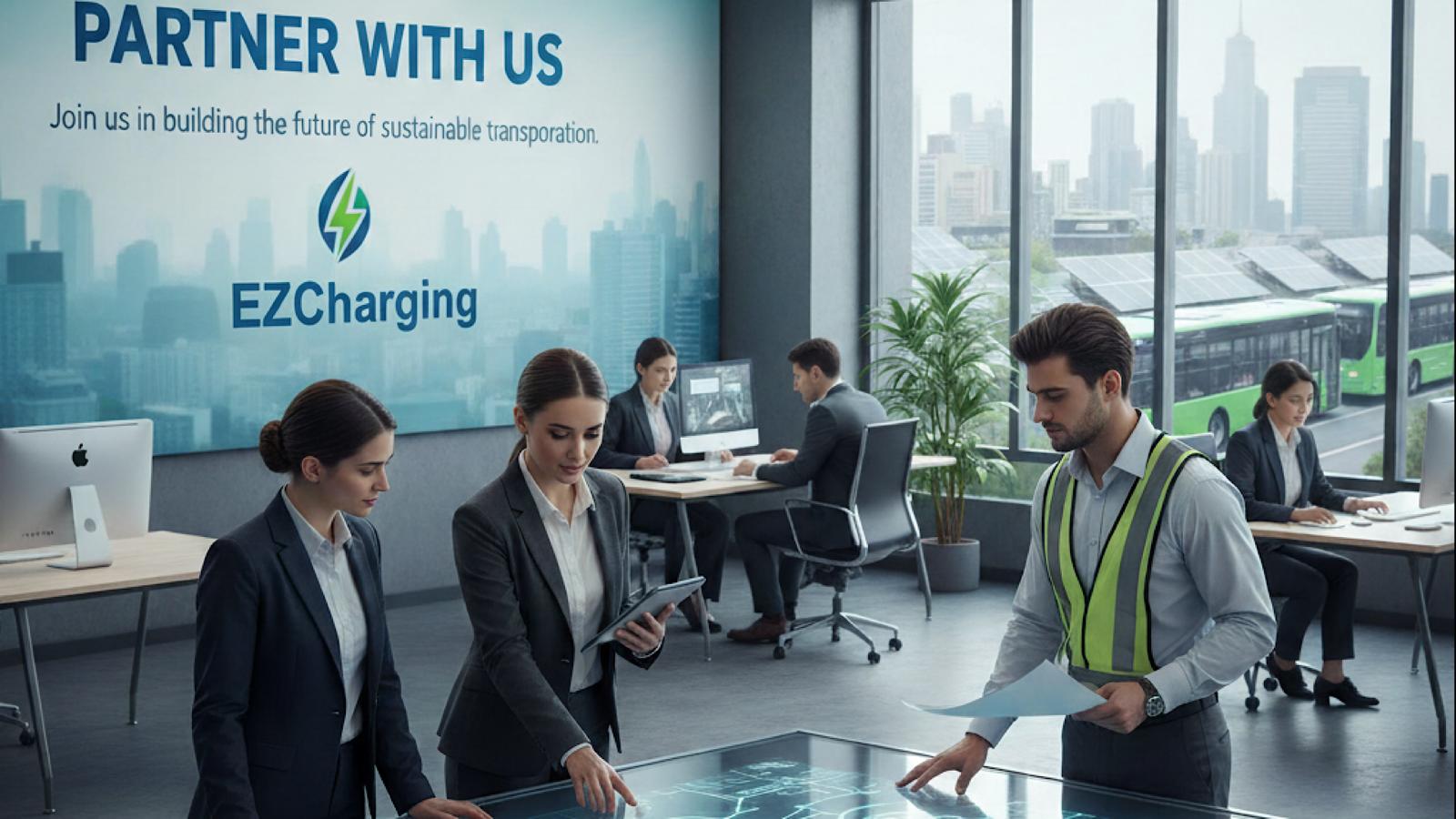 EV charging in front of a glass building at sunset